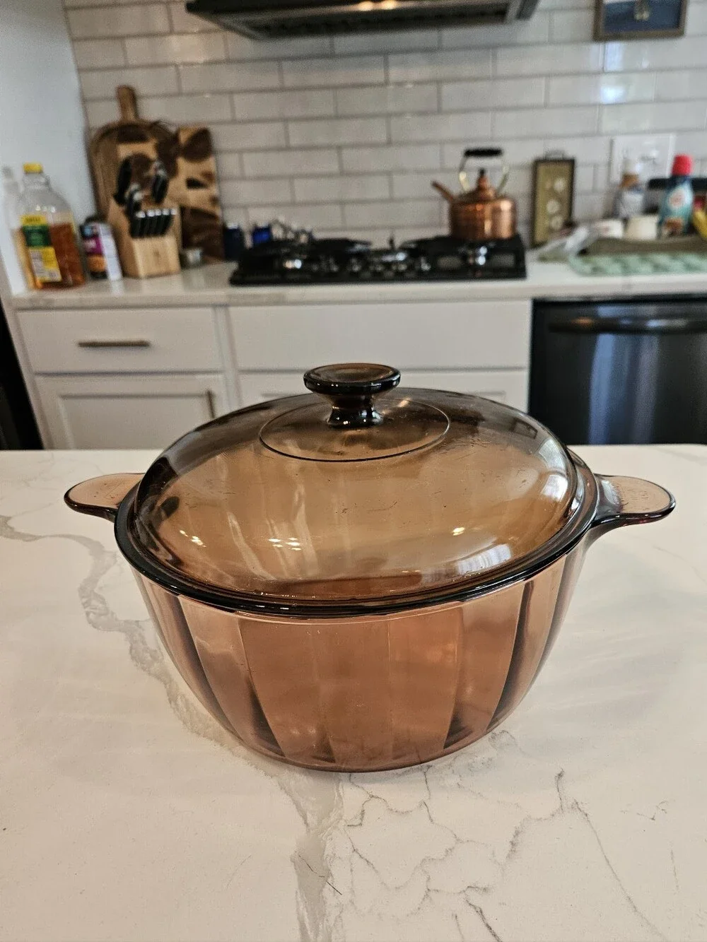 Vtg Vision Corning Ware Pyrex Amber 4.5L 5qt Glass Dutch Oven Stock Pot Lid Usa